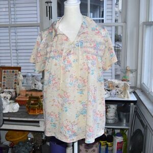 Vintage 70s Prairie Floral Blouse Smocked Yoke Tie Neck Romantic Top Large